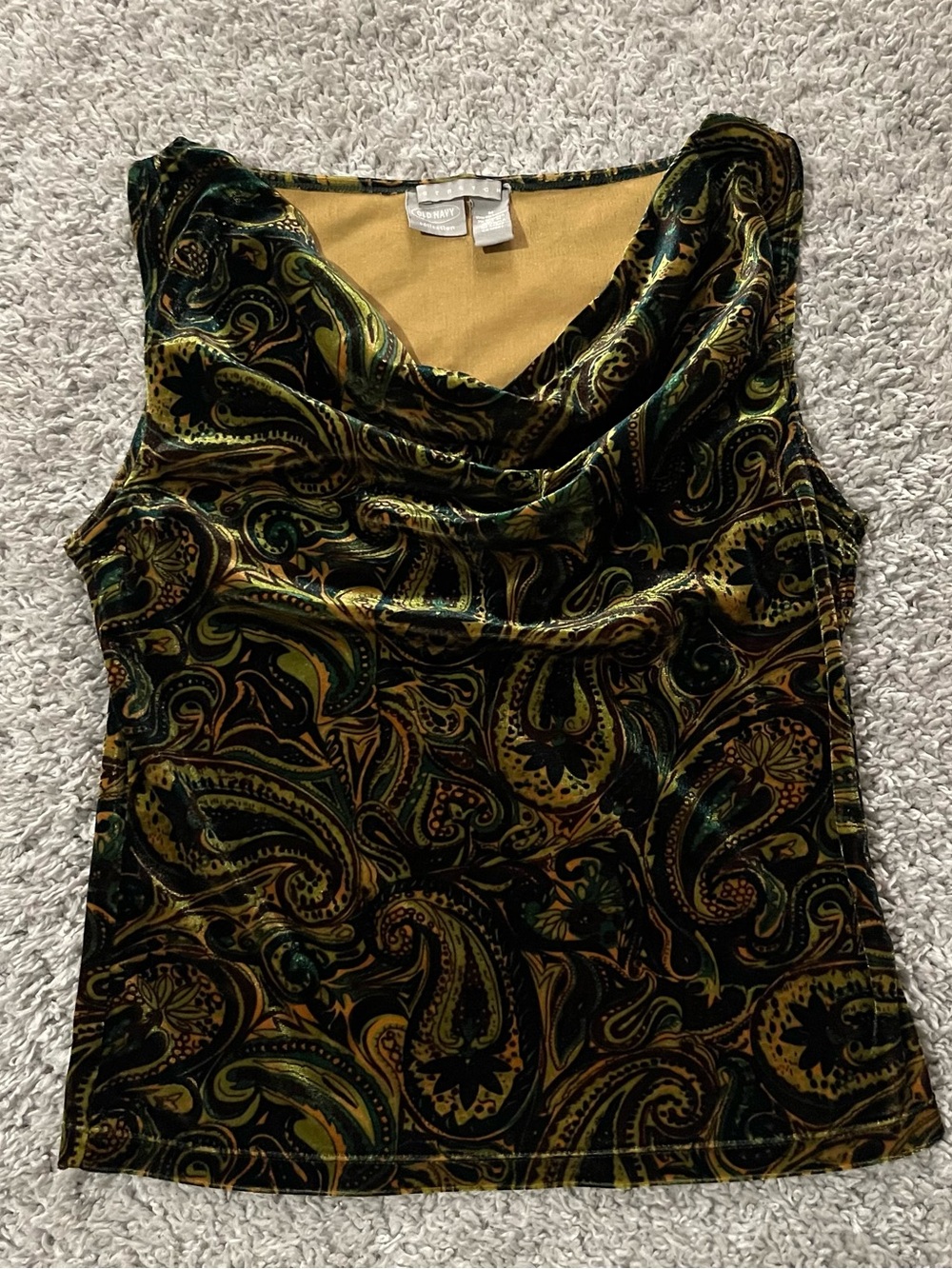 Vintage Y2K Old Navy Black And Gold Whimsical Paisley Velvet Cowl Neck Blouse